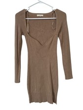 Mable Mini Dress Small Sweetheart Neck Ribbed Knit Long Sleeve Bodycon Neutral 