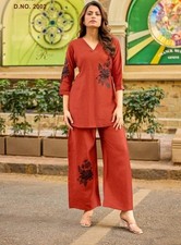 Women's Viscose Weaving Co-Ord Set — Rust Red Kurti & Palazzo Pants, Bold Floral