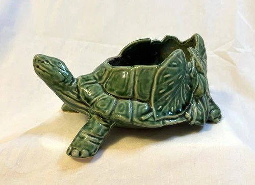 McCoy Signed Green Turtle with Leaves Small Planter circa 1940's Ceramic USA
