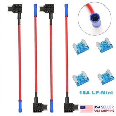 4 Sets Add-A-Circuit Fuse Tap Adapter & Blue 15 Amp Low Profile Mini Blade Fuses