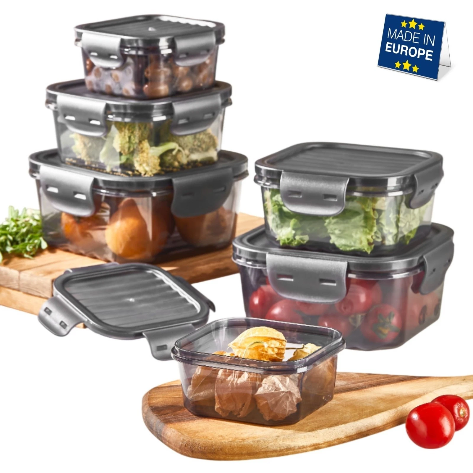 6-Pack Food Storage Containers with Locking Lids, Stackable, Leakproof, Black