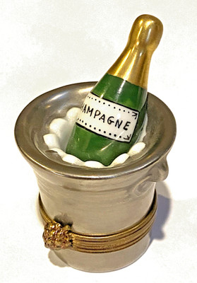 LIMOGES PEINT MAIN Trinket Box-CHAMPAGNE on ICE-SILVER BUCKET-PV Marque Deposee