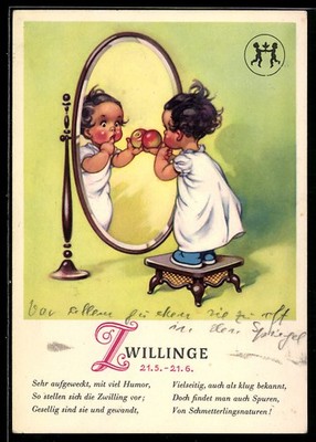 Zodiac Gemini, Girl Looking In The Mirror, Postcard 