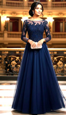 Womens Blue Tulle Appliqu  Bodice Boat Neck Long Sleeve Evening Party Wear Dress