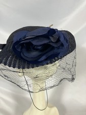 Vintage Navy Black Woven Straw Wide Brim Hat Veil  Fabric Rose  1940s 1950s St