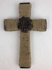Hobby Lobby Wall Decor Cross - Brown Metal Covered In Yarn With Metal Flower NEW