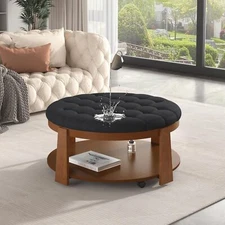 2-Tier Ottoman Coffee Table, Waterproof Linen Button Tufted Ottoman w/Wheels