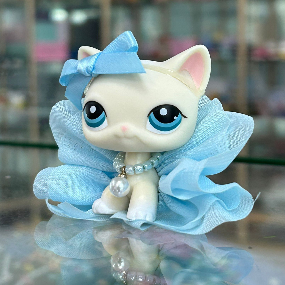 Mini White Cat Toy with Blue Eyes in Bow Skirt - Adorable Gift
