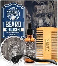 Beard Growth Kit - Oil, Balm, Serum, Derma Roller & Wooden Comb for Beard & M...