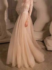 Sexy Lace Appliqué Wedding Dresses Long Sleeve Graceful Tulle Floor-length Dress