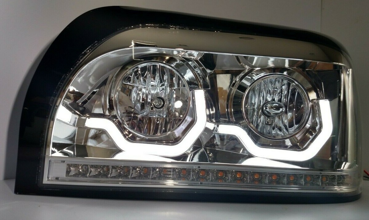 Pair Chrome Headlights W/ LED Turn Signal & Light Bar for