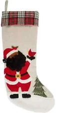 Christmas Stocking Black Santa Claus Applique Design Lined 17.5"x9.5" NWT