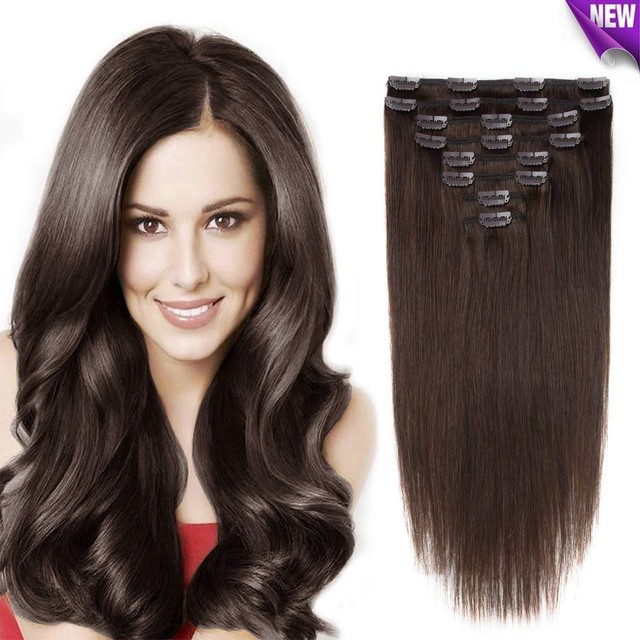 8PCS Dark Brown Real Human Hair Extensions Clip in Remy Hair For
