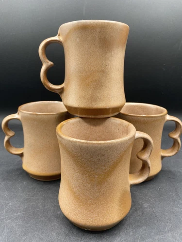 Set Of 4 Frankoma Plainsman Brown Trigger Finger Pottery Mugs 4 1/8"