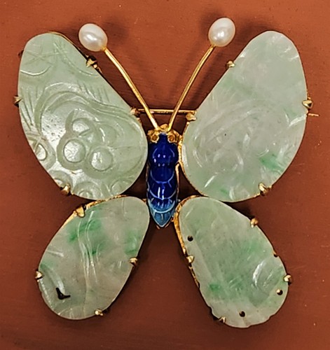 Chinese Export Carved Jade Enamel Pearl Gilt Sterling Silver Butterfly Brooch 2" - Picture 4 of 9
