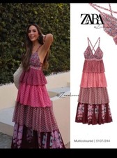 ZARA WOMAN CROSSOVER STRAPS V-NECK MIDI PRINTED DRESS WITH FRILLS 5107/244  S