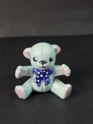 VINTAGE PORCELAIN LIGHT BLUE TEDDY BEAR GLAZED MINIATURE FIGURE
