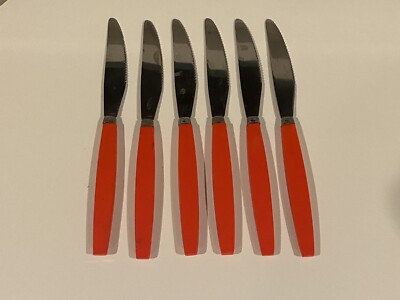 6 Pc VTG Rostfritt Stal Swedish Stainless Flatware Red Plastic Handle Knives