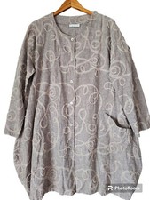 Bryn Walker Tan Lagenlook Linen Mesh Swirl Design Button Tunic Jacket M Vc01