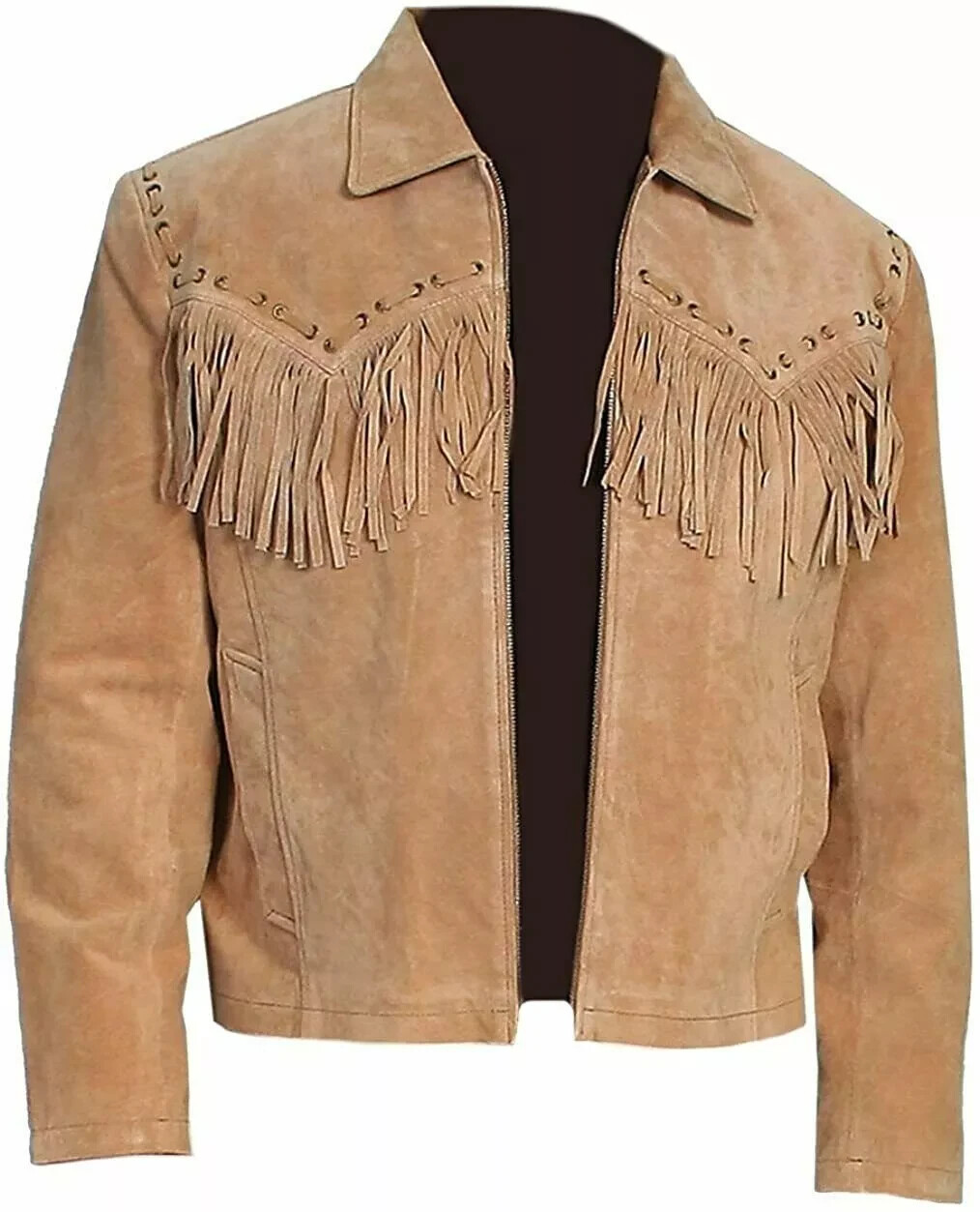 Men's Western Cowboy Suede Fringe Leather Jacket Native American Style