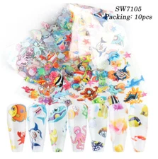 Sea World Fish Shark Shell Horse Star Nail Foil Transfer Sticker 10pcs 20X4cm 