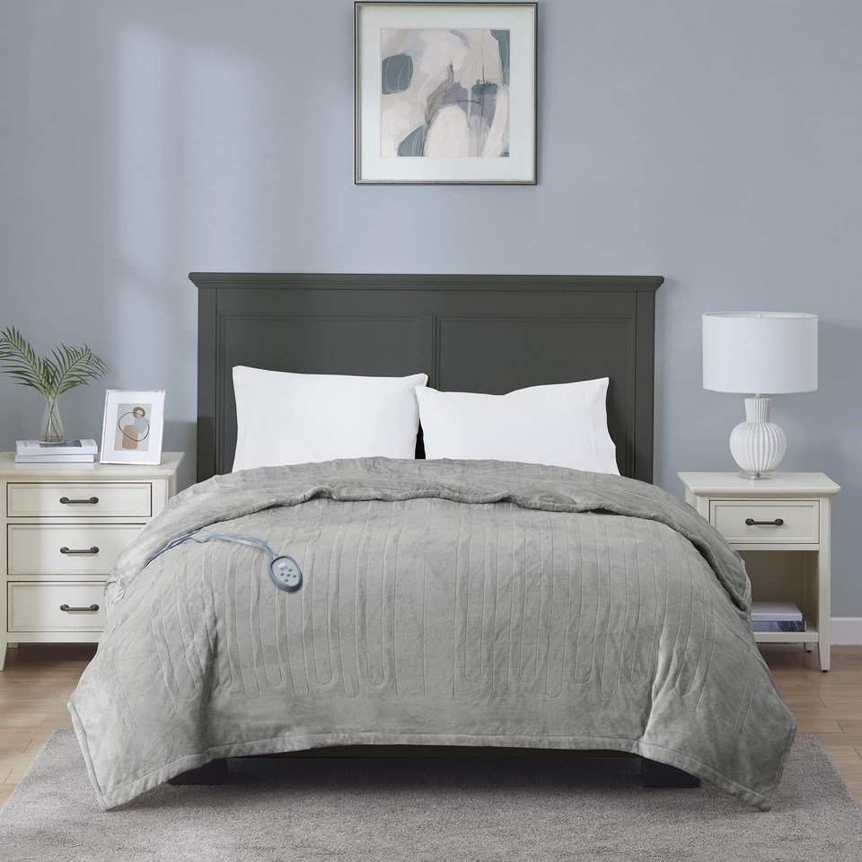 MP2 Grey Electric Blanket Full Size, Gray Plush Heated Blankets One