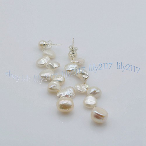 8-10mm Natural White Freshwater Baroque Keshi Pearl Dangle Silver Stud Earrings - 第 3/6 張圖片