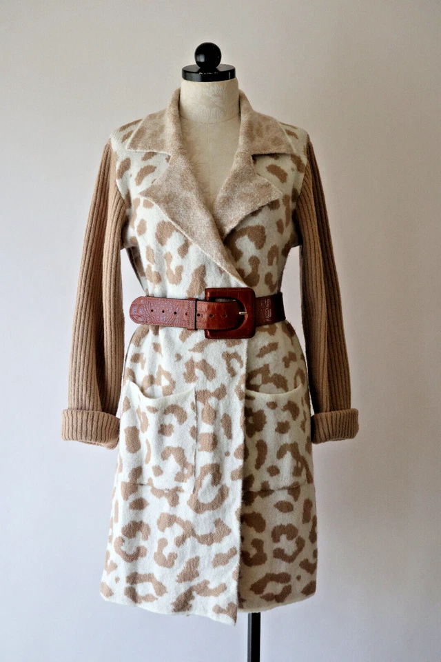 Mystree бежевый леопард печать открытый передний пыли длинный кардиган свитер пальто женщин L - Изображение 3 из 4