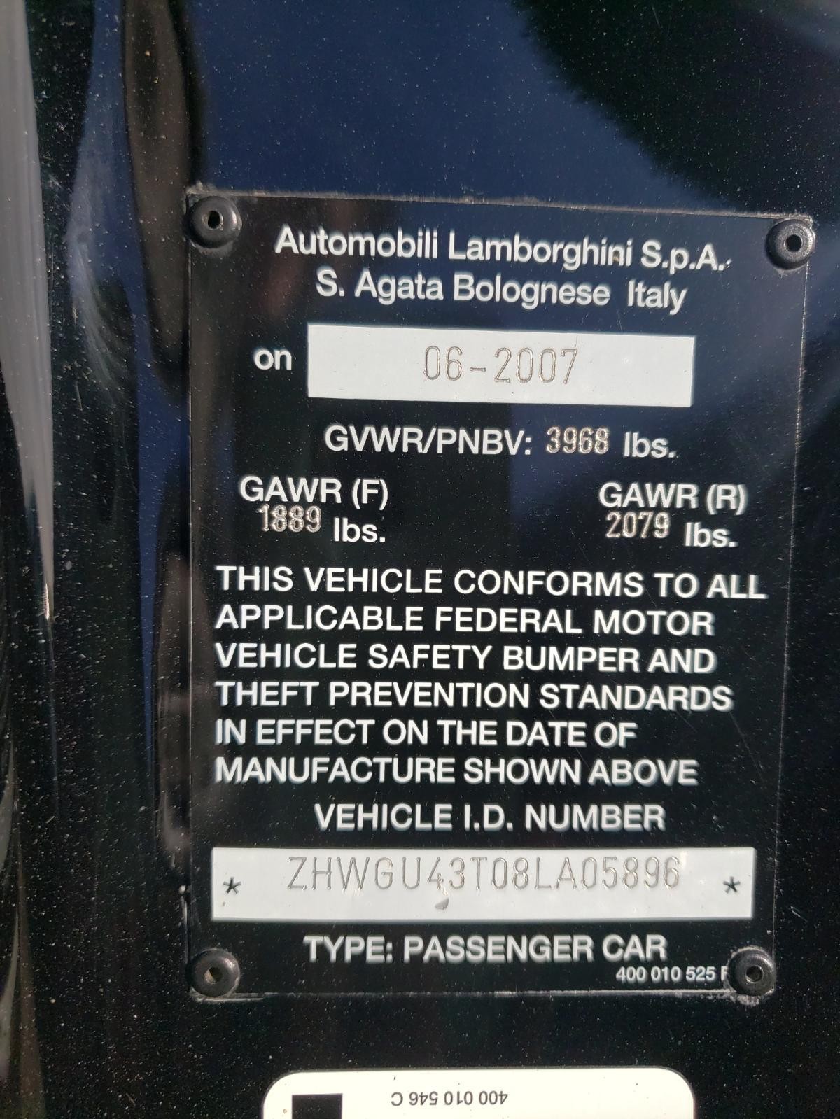 Lamborghini Gallardo Superleggera 2008 Front Left Door framework P/N 400863979