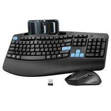 Wireless Keyboard and Mouse Combo, Full Size Ergonomic Wave Keys Blue 2.4G...