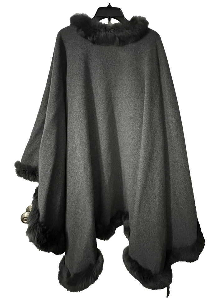 Designer St. John Wool/Cashmere Cape w/Dyed Rabbit Fur Trim Gray NWT MSRP $1590 - Image 2 of 4