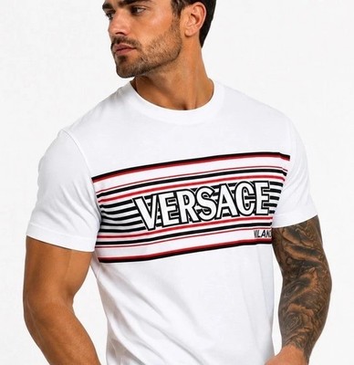 Versace Herren Milano T-Shirt weiß Baumwolle gestreift Logo Größe Large Einzelhandel £390