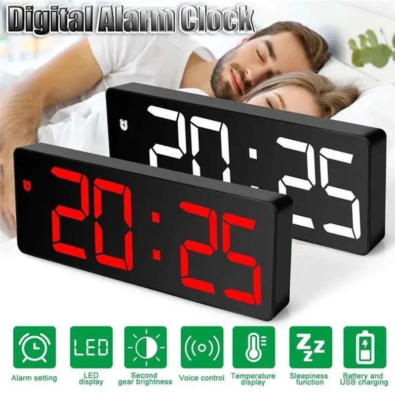 Digital LED Desk Alarm Clock Large Mirror Display USB Snooze Temperature Mode photo Digital LED Desk Alarm Clock Large Mirror Display USB Snooze Temperature Mode photo