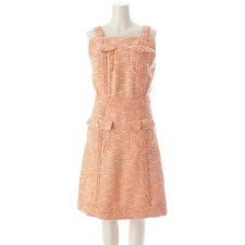 Chanel Coco Mark Tweed Sleeveless Dress Orange Size 36 Chest 16.9 in Length