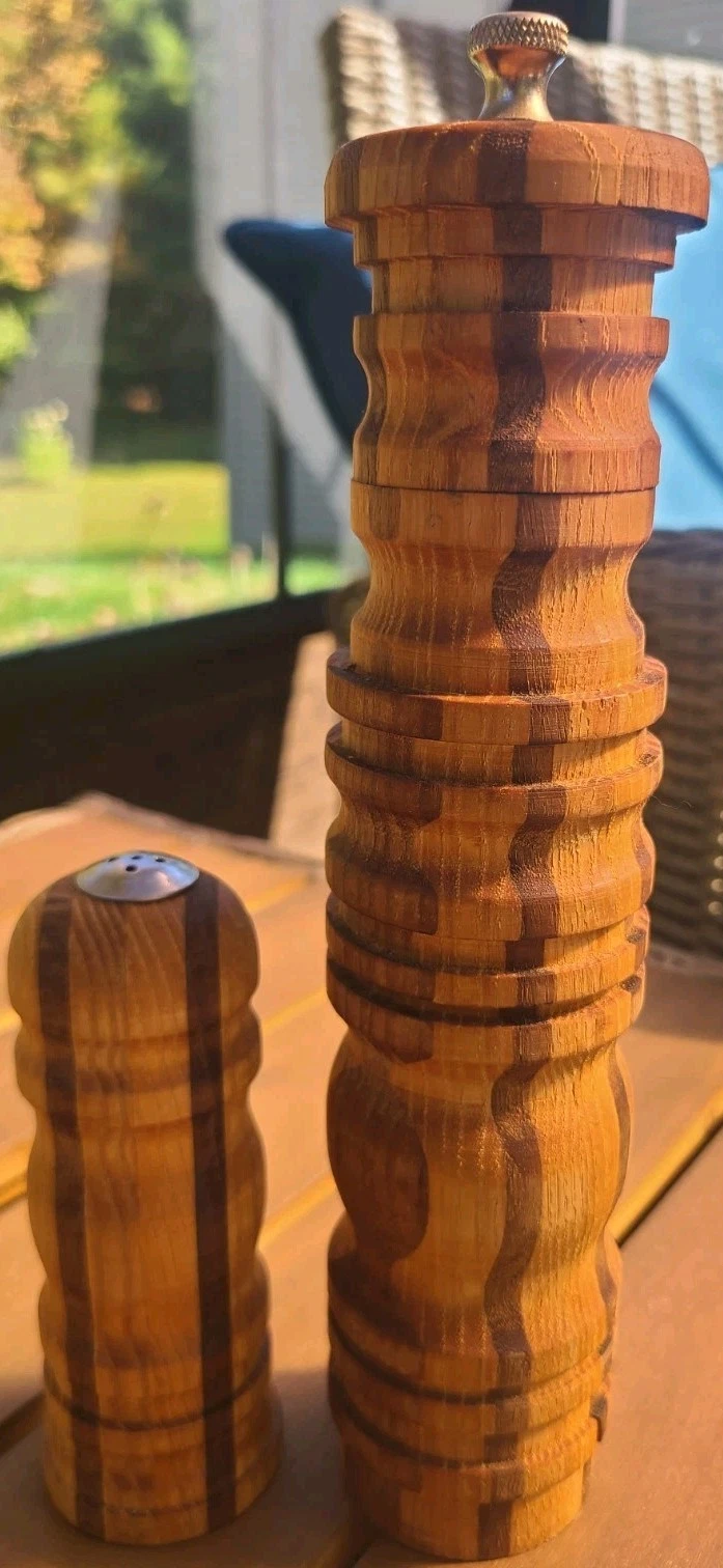 Modern Mixed Wood Turned Pepper Mill and Salt Shaker Set