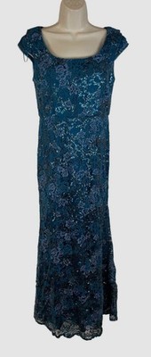 Alex Evenings Women's Blue Sequin Cap Sleeve Evening Gown Dress Petite Size 4P