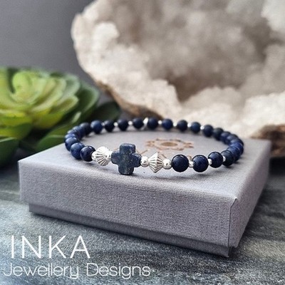 925 Sterling Silver & 4mm Lapis bead Stacking Bracelet with A Cross Bead INKA
