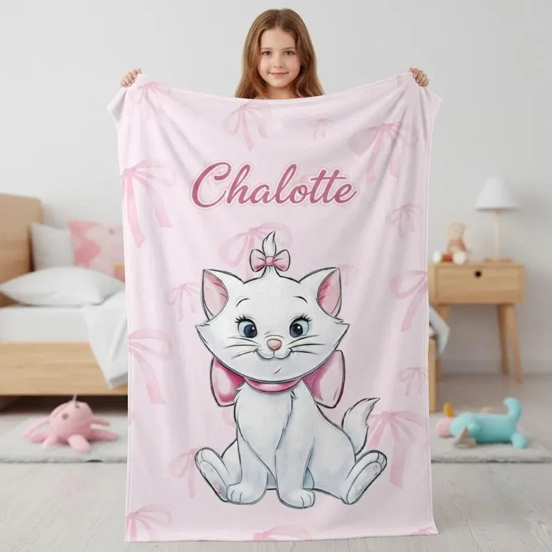Personalized Marie Cat Blanket, Cute Aristocats Pink Bow Fleece Blanket