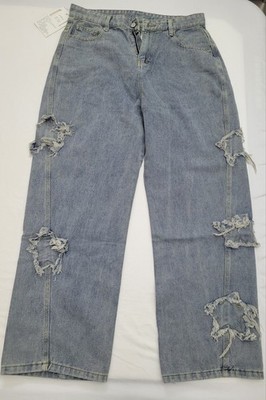 YiwoyHigh Waist Star Patchwork  Jeans Light Wash Distressed Streetwear Y2K Baggy