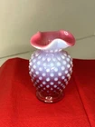 VTG Fenton Cranberry Opalescent Hobnail Vase with Ruffled Top 4 inches