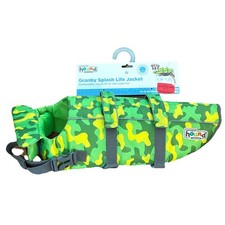 Outward Hound Granby Splash Dog Life Jacket GREEN YELLOW CAMO Medium 30-55 NEW