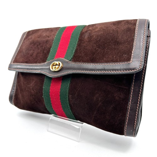 Vintage Gucci Clutch Bag Suede Sherry Line Dark Brown Authentic - Picture 14 of 24
