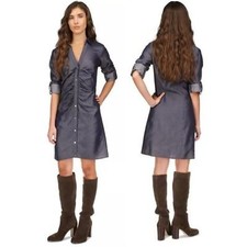 Michael Kors Women's Ruched-Front Roll-Tab-Sleeve Shirtdress Blue Size Small NWT