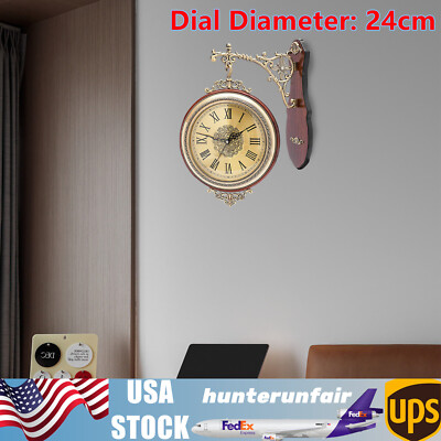 Vintage Wall Clock Quartz Clock Silent Non-Ticking Clock Wooden Double Sided NEW