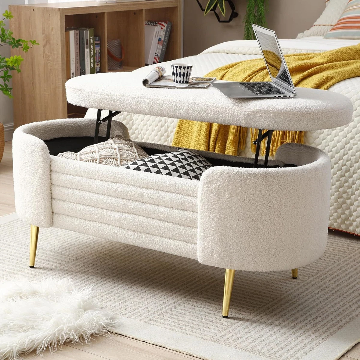 Beige storage sale ottoman bench