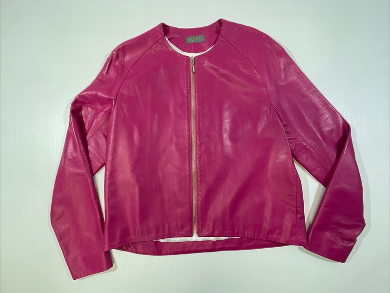 Sharis Womens Crew Neck Full Zip Leather Pockets Jacket Fuschia Pink Size 12