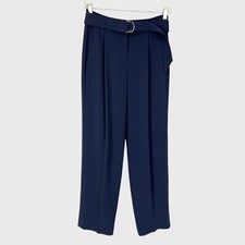 Carlisle Womens Pleated Front Belted Trouser Pants High Waist Navy Blue size 6