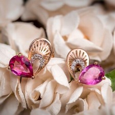 2Ct Pear Lab Created Pink Ruby Stud Women's Earring 14K Rose Gold Plated Silver