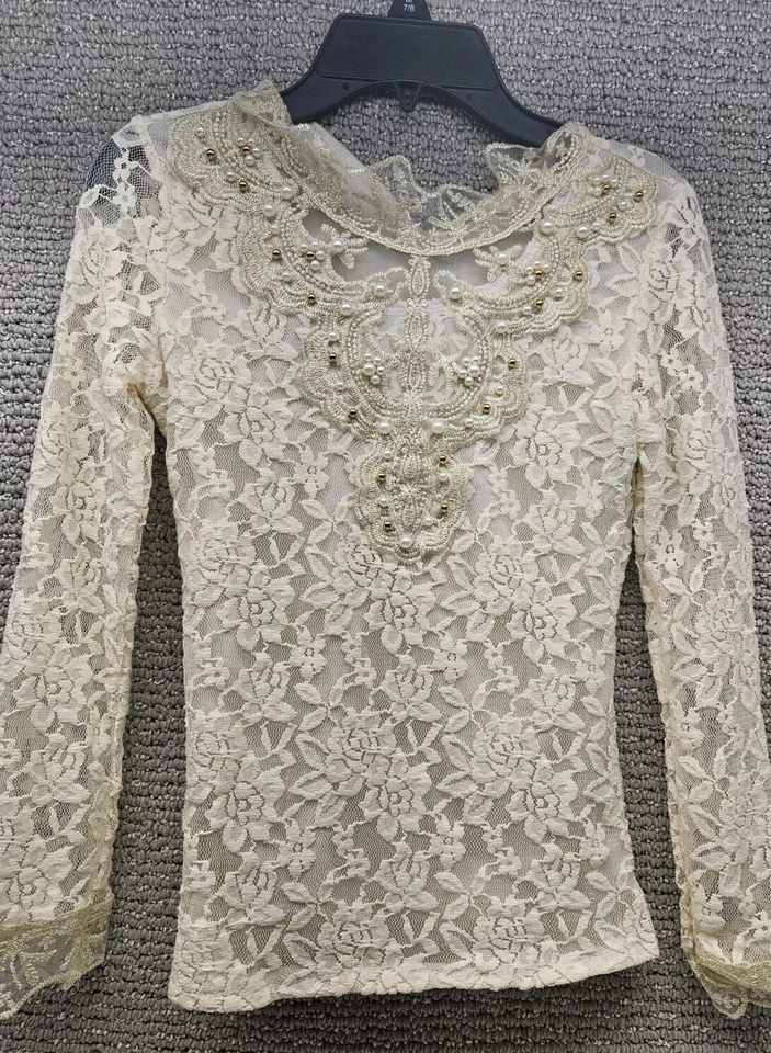 Camisa Top Dama Encaje Transparente Para Mujer XS Cuello Alto Blusa Floral Hueca Fiesta Foto 3 de 4