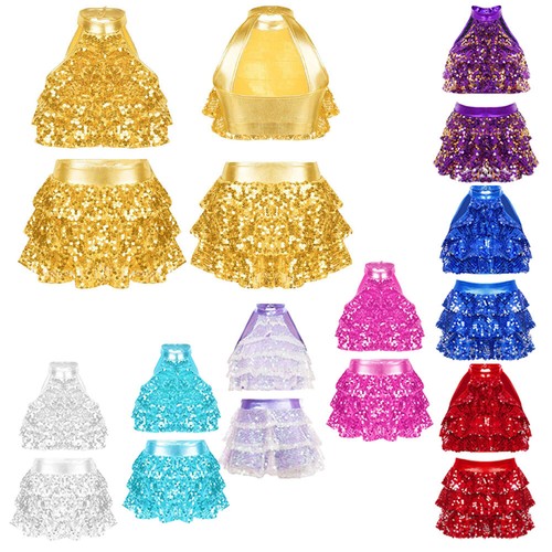 Kids Girls Jazz Dance Outfits Sequins Crop Top with Skirt Latin Ballroom Set